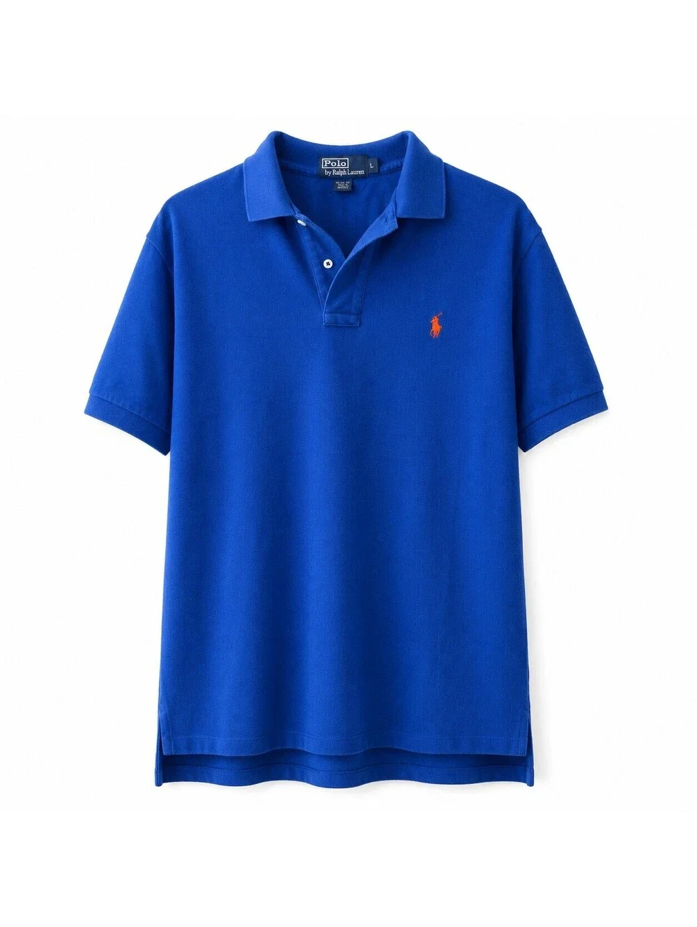 Polo Ralph Lauren Men's Large Blue Cotton Polo Shirt with Orange Logo